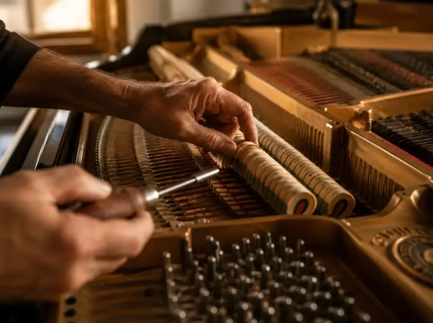 Professional piano technician examining hammer felts and strings inside a grand piano during restoration and repair work.