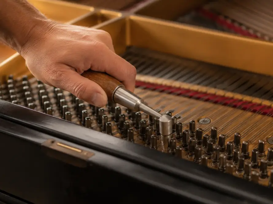 Close-up of a piano technician tuning a grand piano by adjusting a tuning pin with a tuning hammer while strings extend into the background.