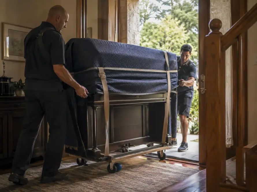 Professional piano movers carefully transporting an upright piano through a residential doorway using a dolly and protective moving blankets.