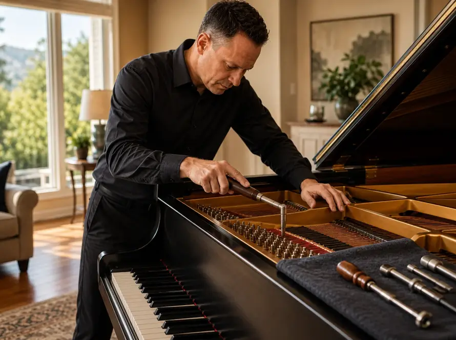 Professional piano technician tuning a grand piano inside a residential home with natural daylight and specialized tuning tools.
