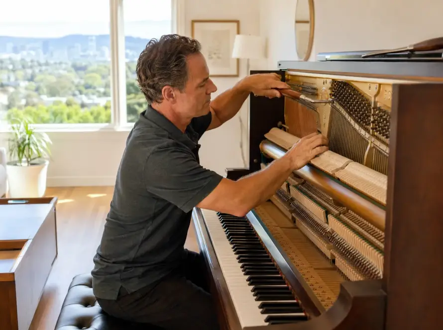 Piano technician near me tuning an upright piano inside a bright modern Bay Area home using professional piano tuning tools.